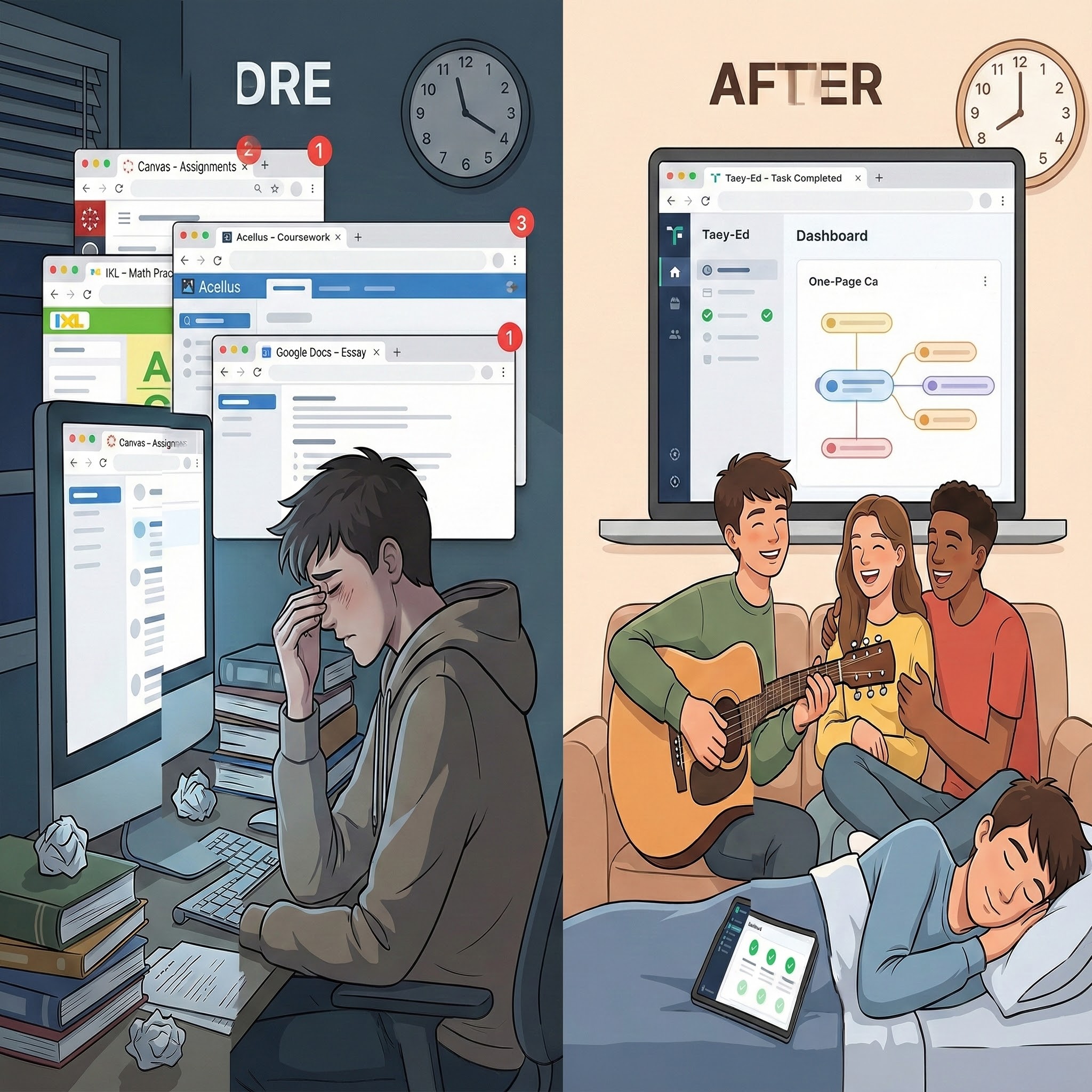 Before: Cluttered dashboards and stress. After: Clean checklist, student free to live.